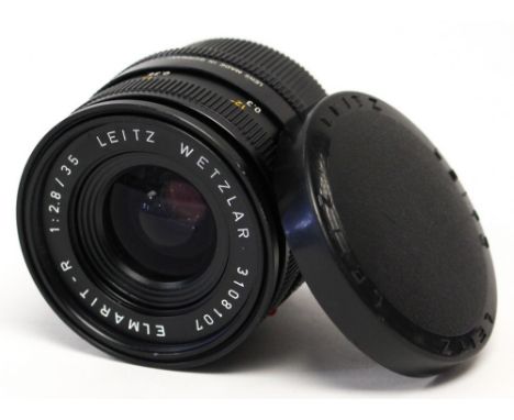 Leitz: A Leitz Wetzlar Elmarit-R, 1:2.8, 35mm, E55 lens, serial number 3108107, with lens cap, as found. 