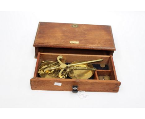 Day & Millward Ltd precision brass scales in original wooden container, including brass stand, pans and weights