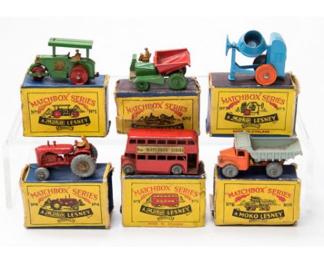 Matchbox: A collection of six Matchbox Series boxed vehicles to comprise: Aveling Barford Diesel Road Roller No.1A, green, ta