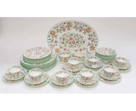 A Mintons 'Haddon Hall', designed by John Wadworth, tea and dinner service, settings got eight, to include large meat plate (