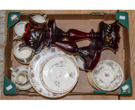 A Royal Worcester Peking design part tea service, reg.no. 608482 plus a pair of ruby glass lustres with gilt flower design (o