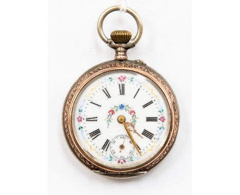 A .800 silver and rose metal open face pocket watch, the enamel dial is decorated with coloured and enamel and gold flowers a