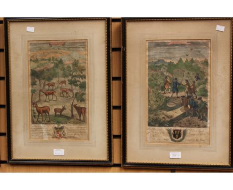 A pair of 18th Century coloured original etchings by Richard Blome - presentation pieces entitled 'Taking Bird with a low bel