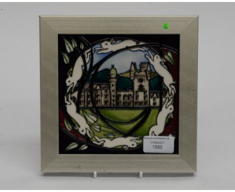 A framed Moorcroft plaque, 1st quality, in the Balmoral pattern, designed by Vicki Lovatt, signed to reverse by designer and 
