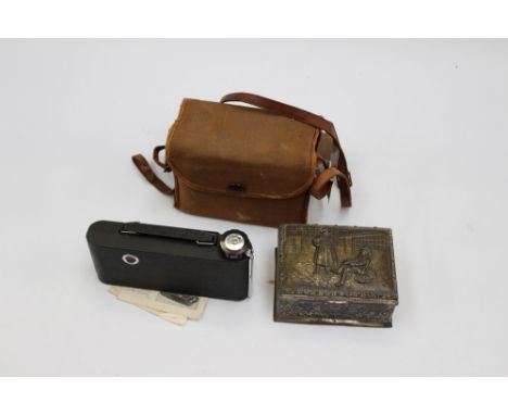 A Vespa 'Club of Britain' badge, two other badges within antimony box, a box camera and a Kershaw 'Penguin' RCN film camera w