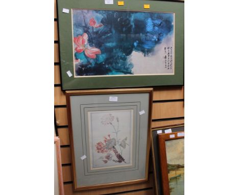 An oriental Lotus flower and water print, together with a honeysuckle print with carnation etc