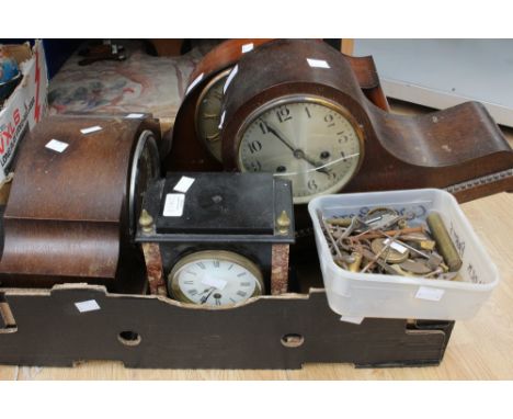 A Napolean hat cased mantle clock, a slate clock, two other mantle clocks and clock parts (4)