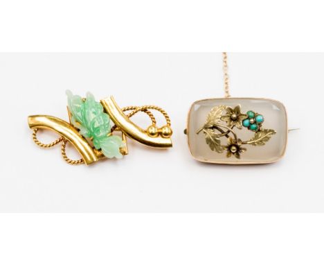 A 14ct yellow gold and jade brooch with a carved jade butterfly detail, approx length 35mm,  together with a Victorian hardst