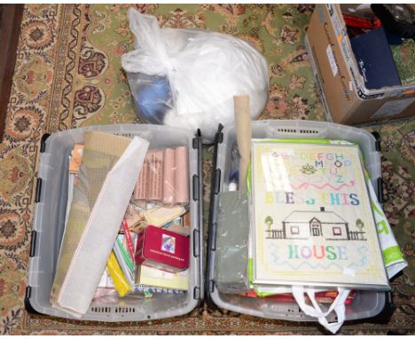 Three boxes of needlework craft ware and craft books, wool, needles, sampler  and a Pelham puppet etc (3 boxes and bag of woo