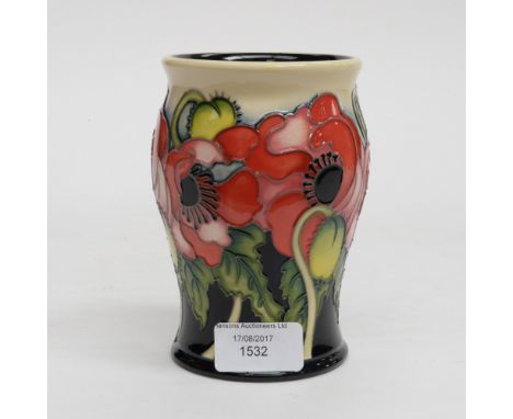 A Moorcroft trial vase, 1st quality, red flowers on black ground, rising to cream black interior, base reads Trail 6-4-17, st