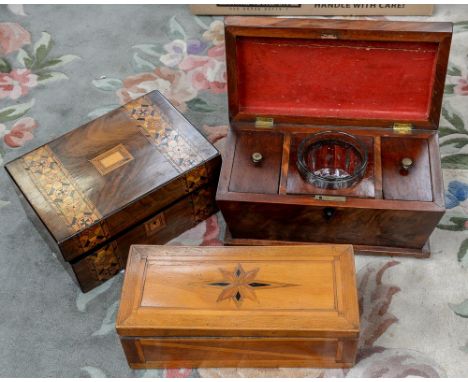 A mahogany sarcophagus tea caddy, with an inlaid sewing box, and a glove box (3 boxes in one box)