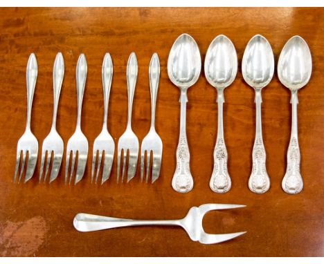 Six pastry forks and a serving fork, approx 4.05ozt/126gms, Sheffield 1931, and Birmingham 1930, together with four teaspoons