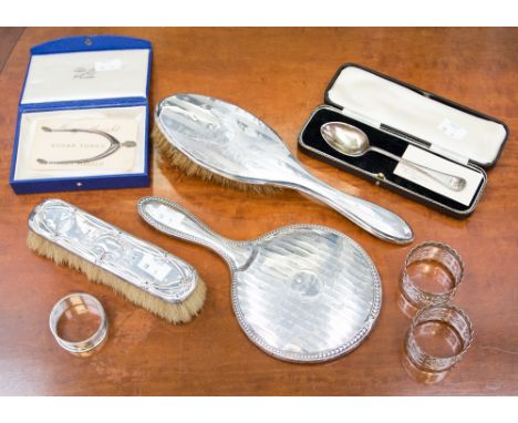 A collection of silver and silver plated items including a silver spoon, Sheffield dated 1936 (boxed) initialed CDT,  an opaq