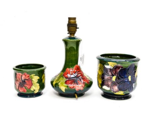 Two Moorcroft plant pot holders, with a Moorcroft lamp base(3)