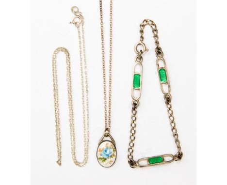 Two white metal necklaces with a ceramic pendant, also an Italian white metal bracelet set with Murano diachronic glass inser