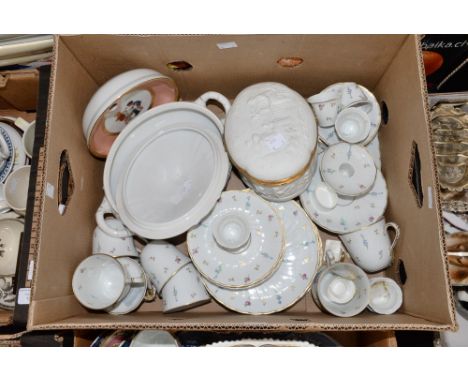A box of Limoges china including: a lidded trinket box; a twin handled server and cover; a child's warming dish and a part te