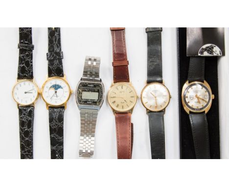 A gentleman's Rotary wristwatch with date window, side wind, a Lacher quartz watch, two other quartz watches, together with a