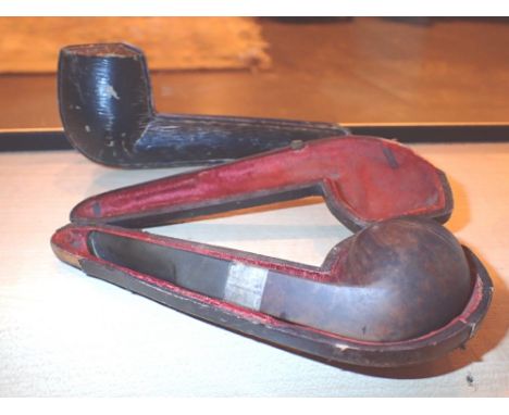 Antique silver banded wooden pipe with fitted case and a French Briar pipe case 