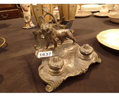 Antique pewter desk inkwell with lion decoration A/F CONDITION REPORT: Item has vintage restoration to one corner