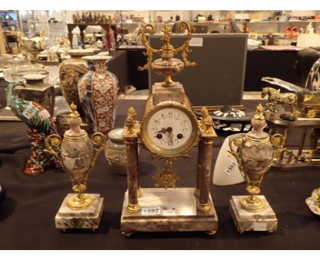 19thC French marble and lacquered brass Portico clock with garnitures for restoration