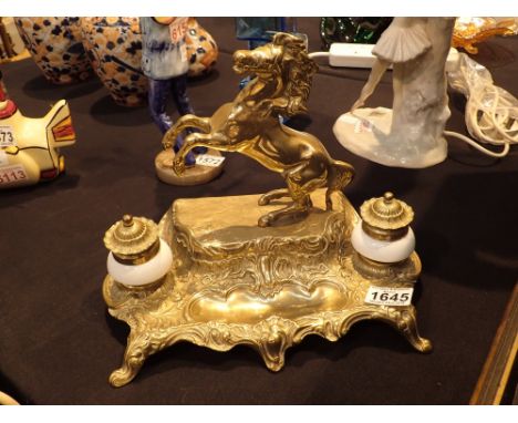 Antique style brass desk inkwell with rearing horse decoration L: 30 cm