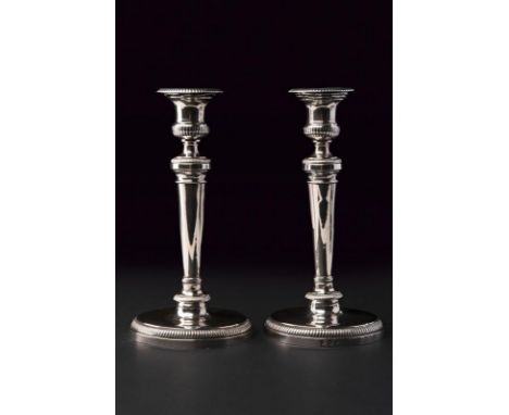 A silver pair of candlesticks.  Kingdom of Sardinia, Turin, silversmith Carlo Balbino, first half of the 19th Century. Measur