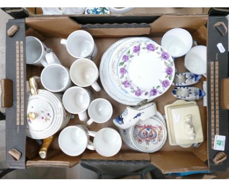 A mixed collection of items: to include Commemorative mugs, lurpac butter dish, Delph clog lighter, plates etc (1 tray) 