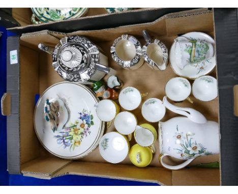 A mixed collection of items to include: F.C.E branded floral coffee stet, Anniversary Sadlers tea service, small charcter jug