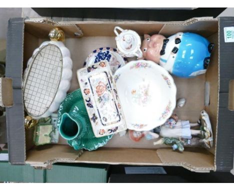 A mixed collection of items to include: Minton large pig moneybox, Mason's mandaley, Wedgwood milk jug and plates, Coalport H