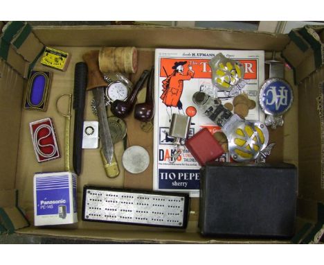 A mixed collection of vintage items: to include AA and RAC badges, pipes, thermometer, lighters, modern pocket watch etc. 