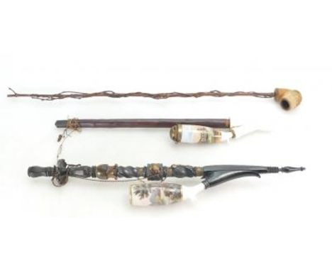 3 antique German Pipes: One Meerschaum, one china P.Kunkelmann Frankfurt and a KPM ornate china pipe. (3) 