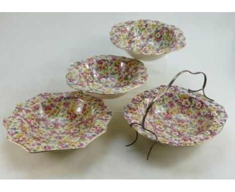 James Kent Chintz Du Barry Fenton Pottery items to include: Large and two smaller fruit bowls and similar caged item, diamete