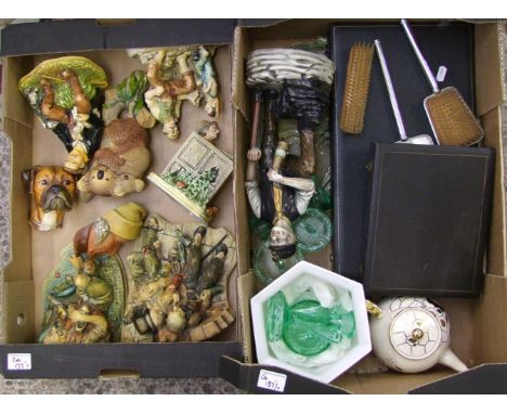A mixed collection of items to include: Bossons wall plaques, figure groups, Royal Winton planter, cutlery sets etc (2 trays)