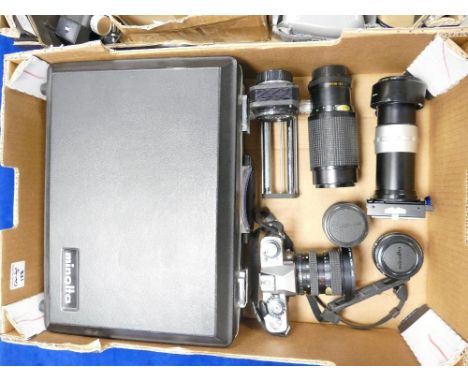 A collection of Minolta 35mm Camera Equipment to include: XD5 camera body, 75-200mm, 50mm, 24-50mm lens, teleconverters, slid