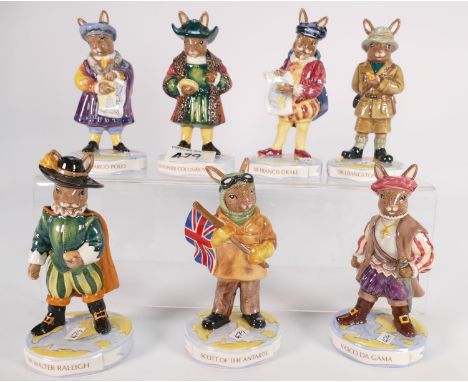 Royal Doulton bunnykins the explorers to include: Marco Polo DB414, Christopher Columbus DB417, Sir Walter Raleigh DB416, Sco