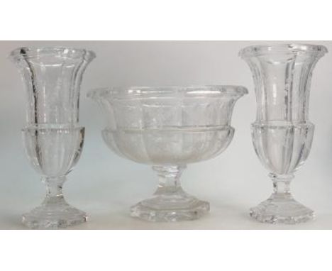 Goebel crystal footed bowl and vases: Bowl height 20cm and matching pair of vases, height 28cm. (3) 