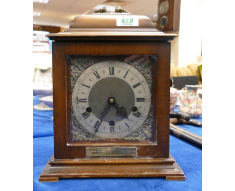 20th Century Smiths Tempora Wooden Cased Mantle Clock: presentation plate noted to front 