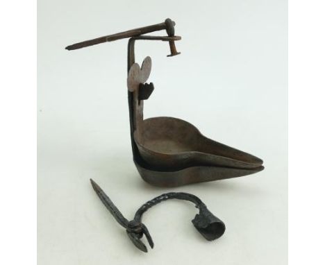 18th century iron Rush Light &amp; Candle holder, together with Antique Phoebe lamp. 