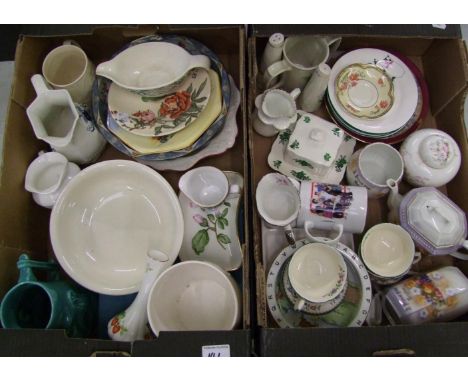 A mixed collection of items: including a Sylvac planter, Spode cup and saucers, jugs, decorative plates etc (2 trays). 