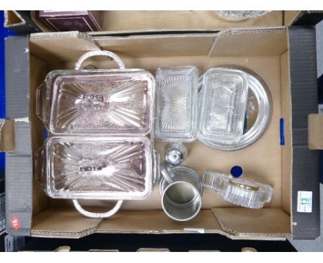 A mixed collection of items to include: Silver plated food warmer, tankards, decorative glass butter dishes , mantle clock et