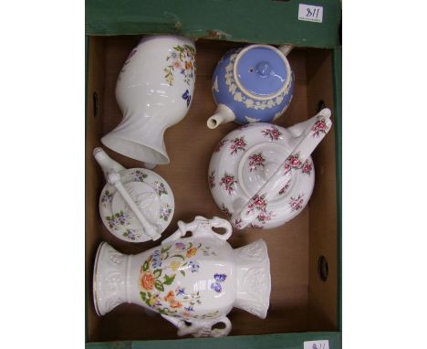 A mixed collection of items to include: Athur wood Teapots, Gibsond tea pot and Aynsley cottage garden  vase and a Millennium