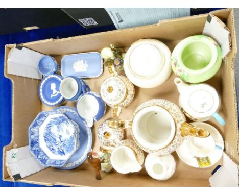 A mixed collection of items to include: Cauldon Blue and white bowl, Wedgwood Jasper ware, Gibson Decorative tea service etc 