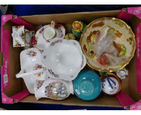 A mixed collection of items to include:, Royal Albert old country roses mantle clock and milk jug, Brambley hedge vase, flora