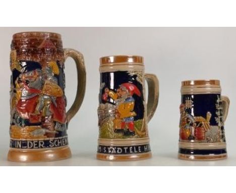 Three graduated ceramic Tankards/Steins: Tallest 20.5cm. 
