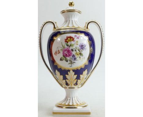 Boxed Spode hand decorated two handled Urn &amp; lid: Panelled floral decoration, height 28cm. 