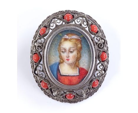 A Continental silver portrait miniature brooch, depicting female portrait bust, with coral bead open work surround, brooch he
