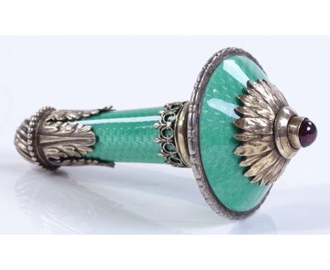 A Russian Karl Fabergé green enamel and silver-mounted bell push, with Cyrillic Fabergé mark, workmaster Michael Evlampievitc