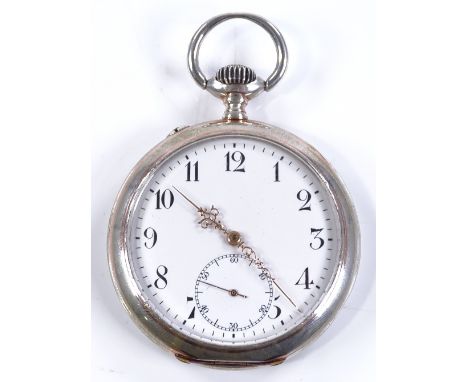 A Continental silver-case open face top-wind IWC pocket watch, white enamelled face with subsidiary seconds dial, serial no. 