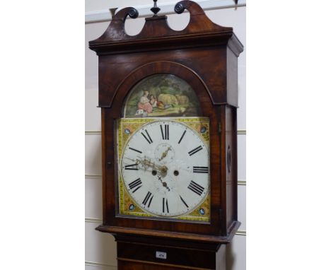 A 19th century mahogany-cased 8-day longcase clock with ornate painted dial, depicting a romantic scene