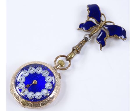 A 9ct gold-cased Swiss fob watch, with blue enamel dial and floral engraved case, on blue enamel and gilt-metal butterfly bro